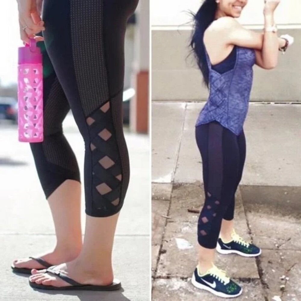 EUC Lululemon Black Luxtreme Mesh Criss Cross Var-City‎ Cropped Leggings - Sz 2